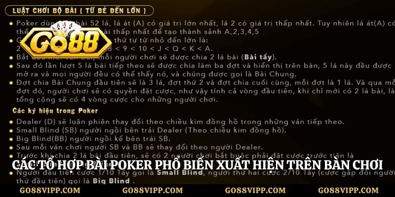 Các tổ hợp bài poker phổ biến xuất hiện trên bàn chơi